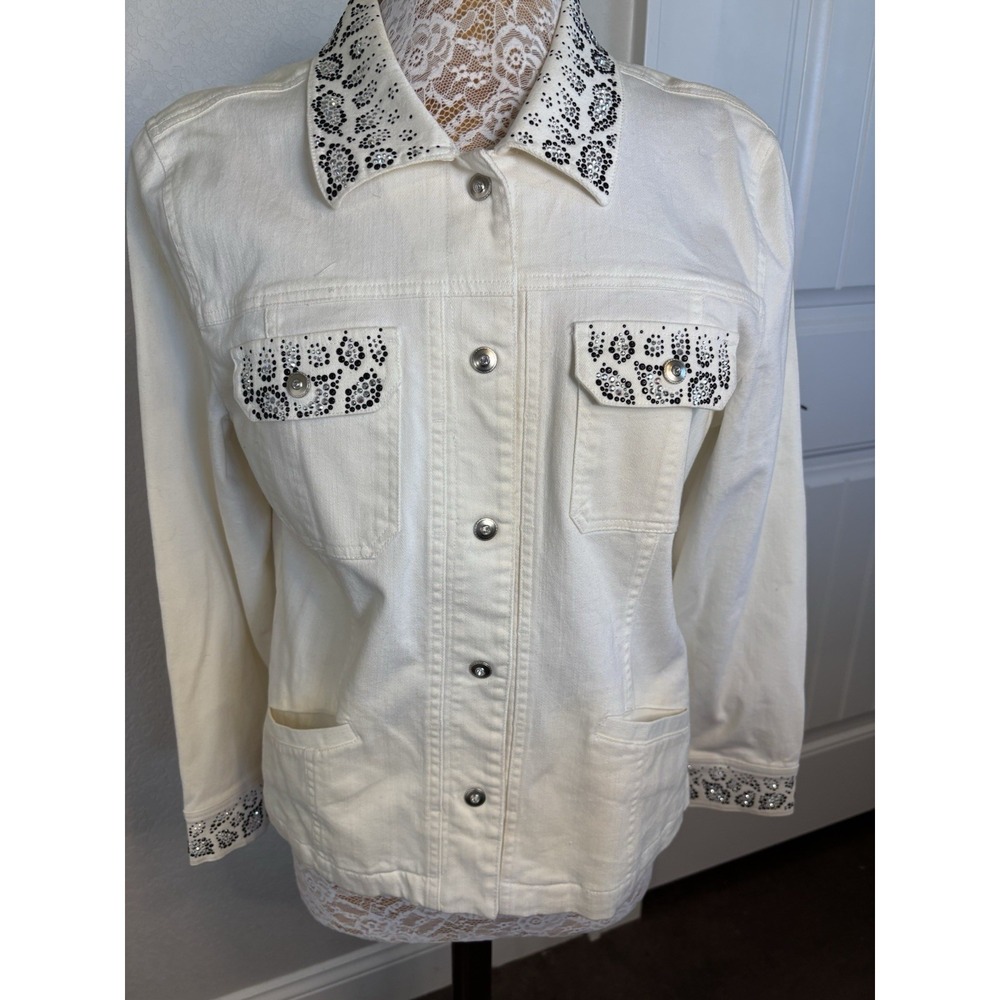 Christine Alexander Denim Jacket Embellished Swarovski Crystal White L Studded